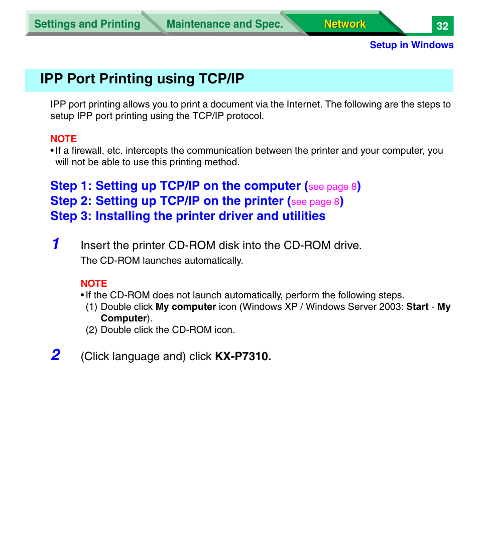 Ipp port printing using tcp/ip | Panasonic KX-P7305 User Manual | Page 215 / 277