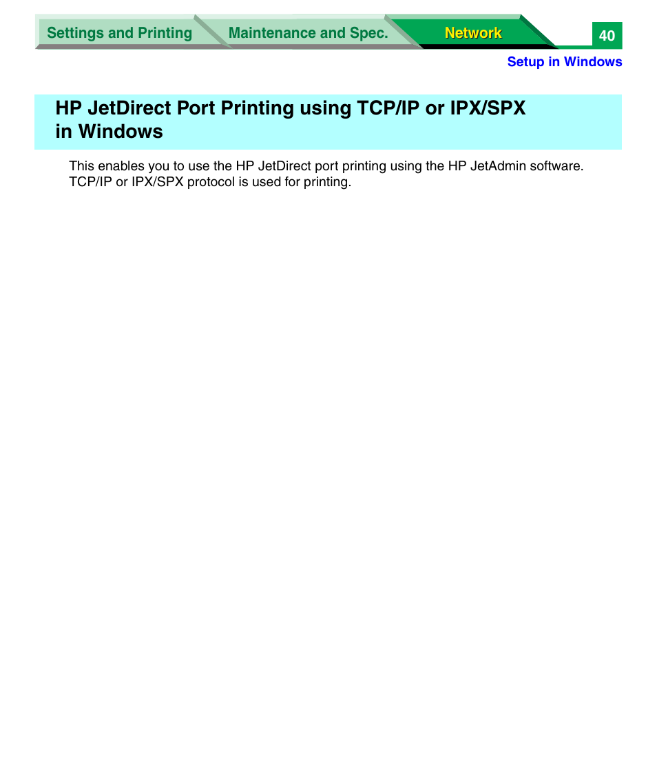 Hp jetdirect port printing using tcp/ip or ipx/spx, In windows | Panasonic KX-P7305 User Manual | Page 223 / 277