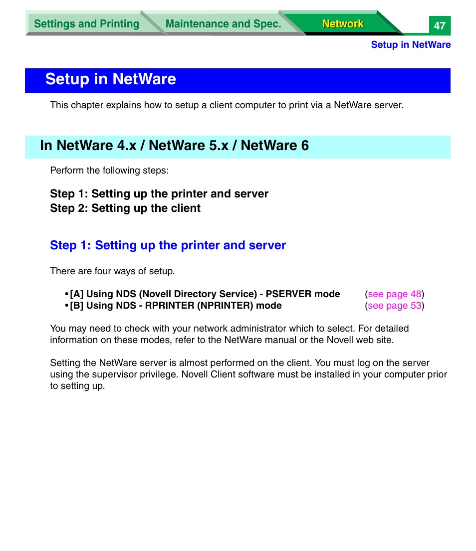Setup in netware, In netware 4.x / netware 5.x / netware 6 | Panasonic KX-P7305 User Manual | Page 230 / 277