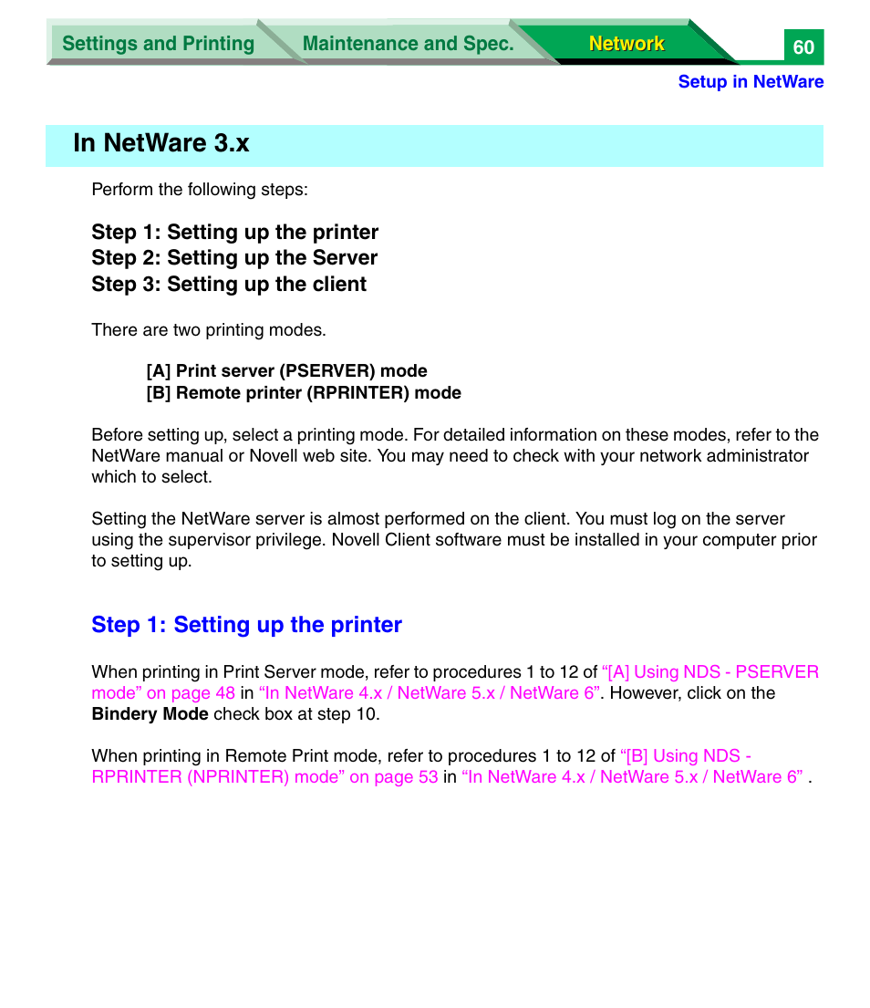 In netware 3.x, Step 1: setting up the printer | Panasonic KX-P7305 User Manual | Page 243 / 277