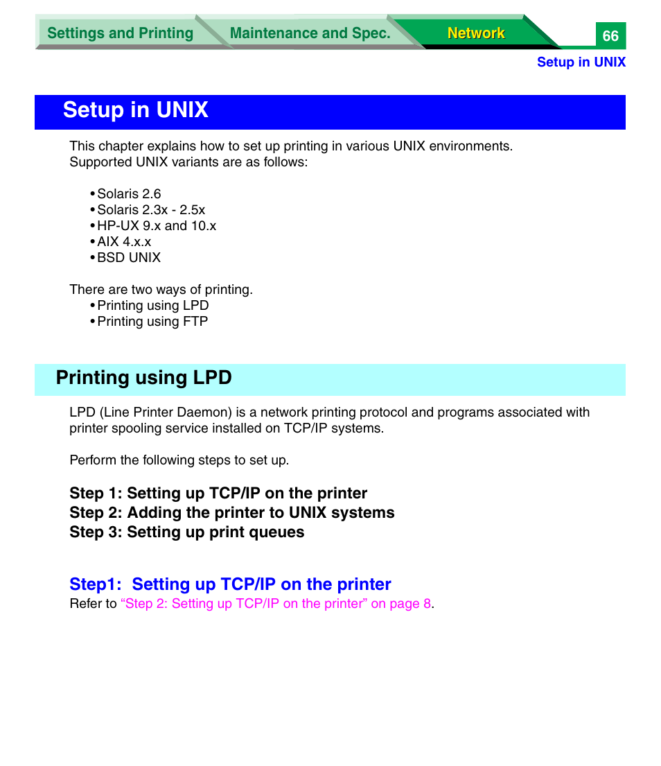 Setup in unix, Printing using lpd | Panasonic KX-P7305 User Manual | Page 249 / 277