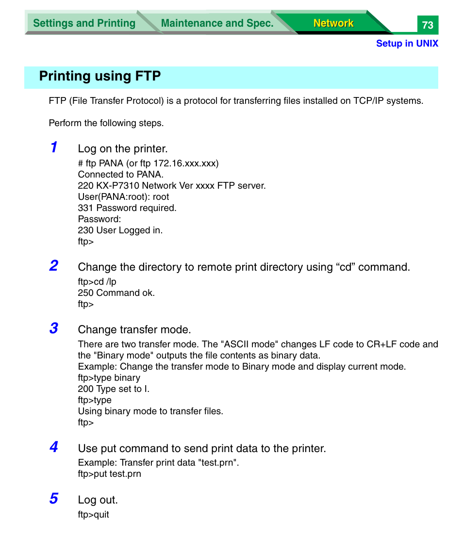 Printing using ftp | Panasonic KX-P7305 User Manual | Page 256 / 277