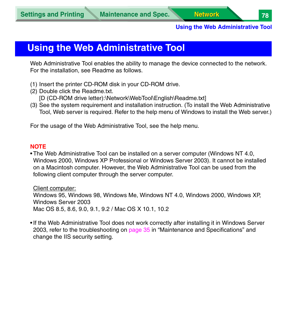 Using the web administrative tool | Panasonic KX-P7305 User Manual | Page 261 / 277