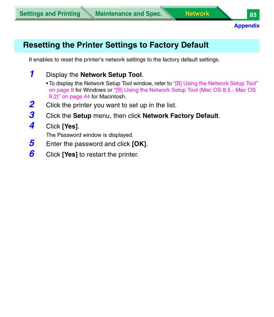 Resetting the printer settings to factory default | Panasonic KX-P7305 User Manual | Page 266 / 277