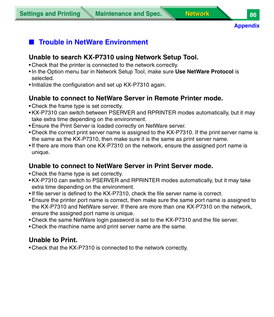 Trouble in netware environment | Panasonic KX-P7305 User Manual | Page 269 / 277