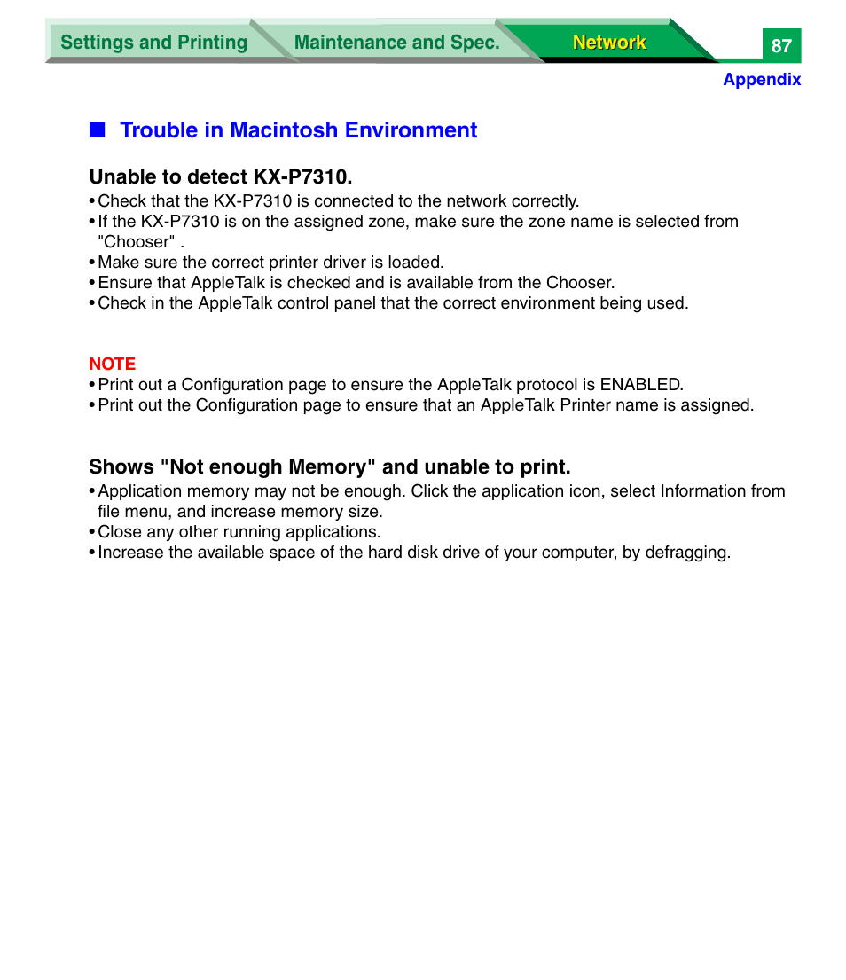 Trouble in macintosh environment | Panasonic KX-P7305 User Manual | Page 270 / 277