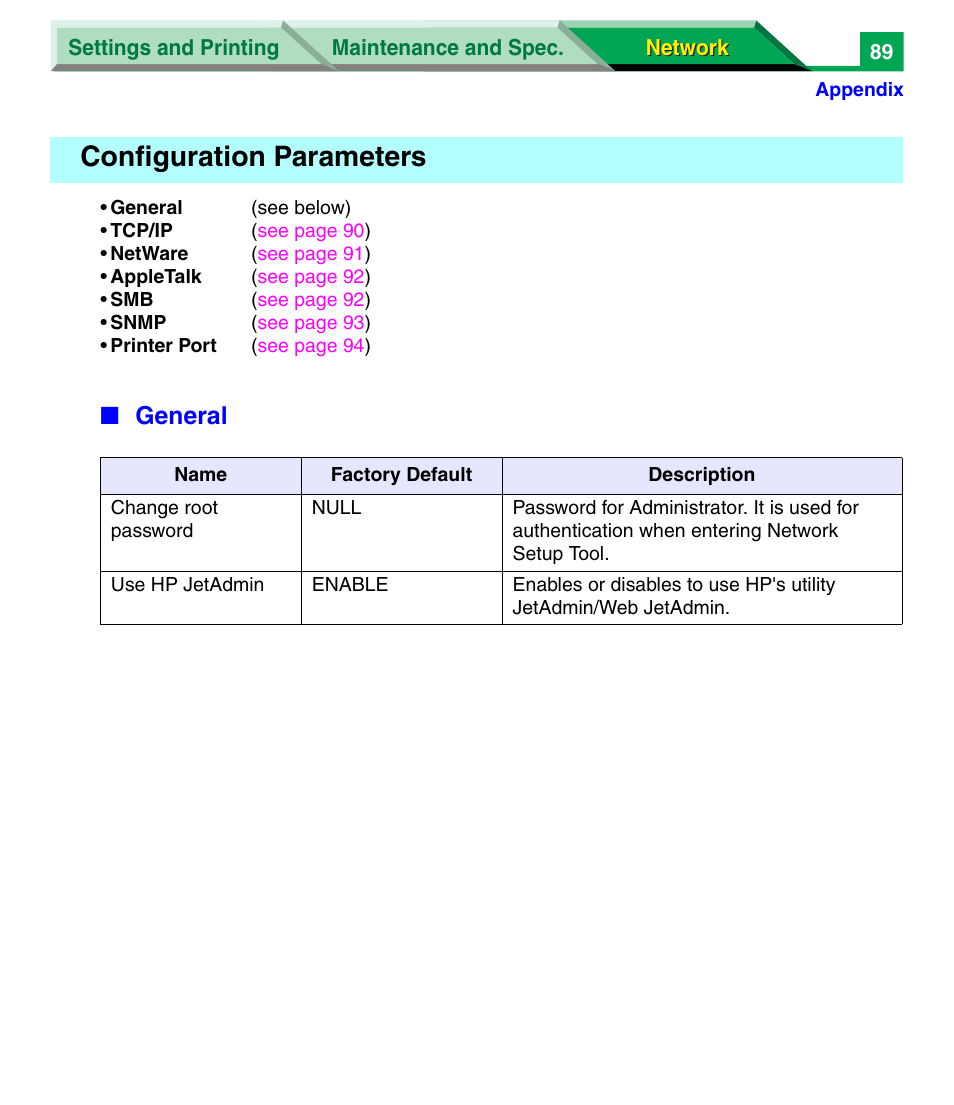 Configuration parameters, General | Panasonic KX-P7305 User Manual | Page 272 / 277