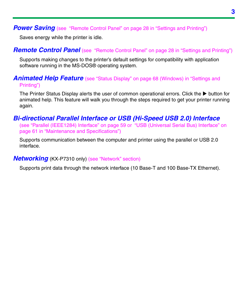 3power saving, Remote control panel, Animated help feature | Networking | Panasonic KX-P7305 User Manual | Page 3 / 277