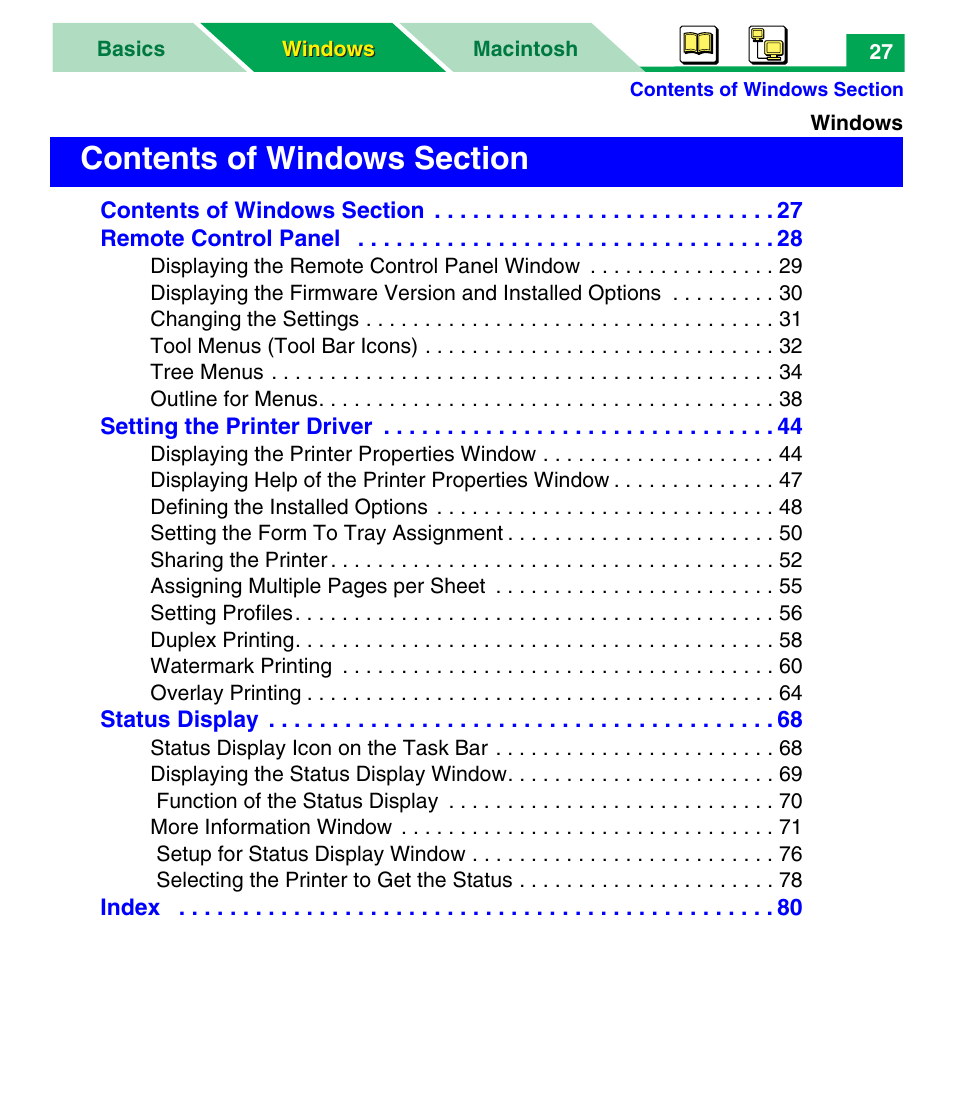 Windows, Contents of windows section | Panasonic KX-P7305 User Manual | Page 32 / 277