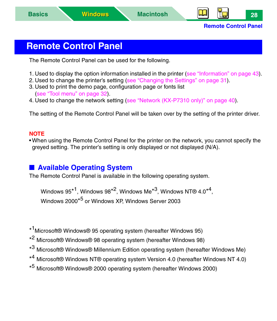 Remote control panel, Available operating system | Panasonic KX-P7305 User Manual | Page 33 / 277