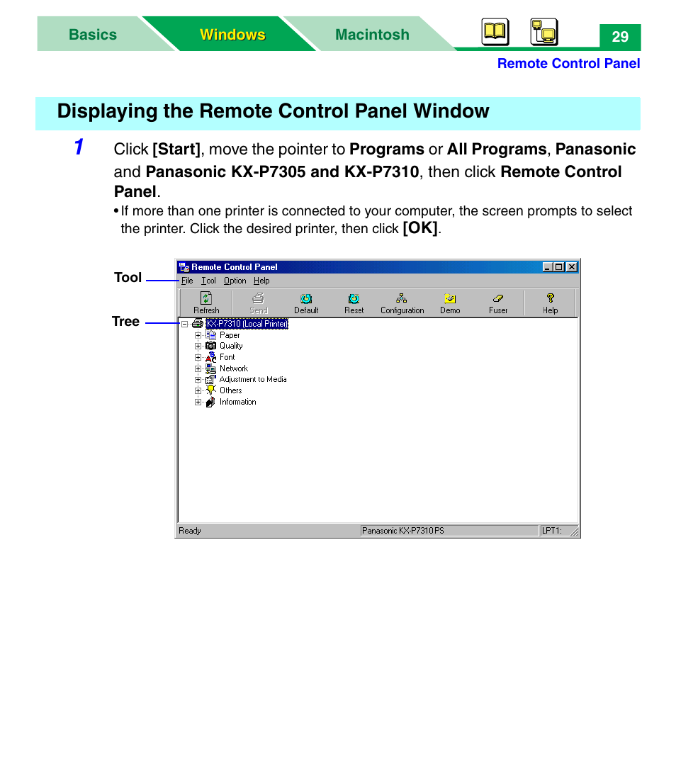 Displaying the remote control panel window | Panasonic KX-P7305 User Manual | Page 34 / 277