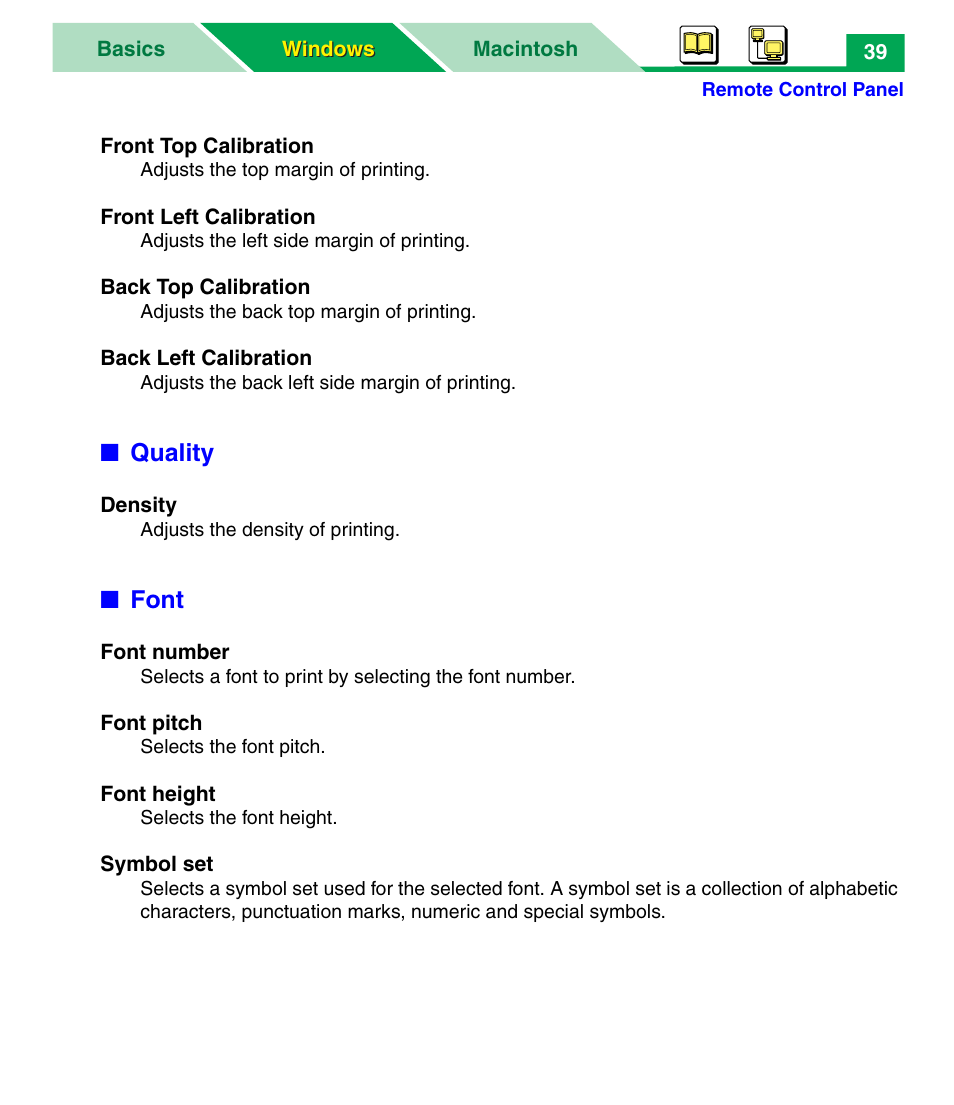 Quality, Font | Panasonic KX-P7305 User Manual | Page 44 / 277