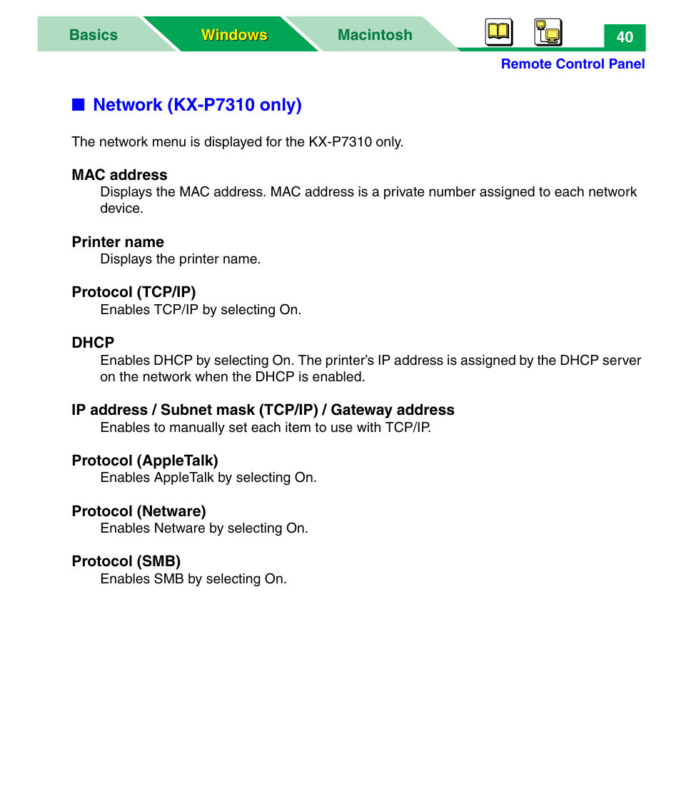 Network (kx-p7310 only) | Panasonic KX-P7305 User Manual | Page 45 / 277