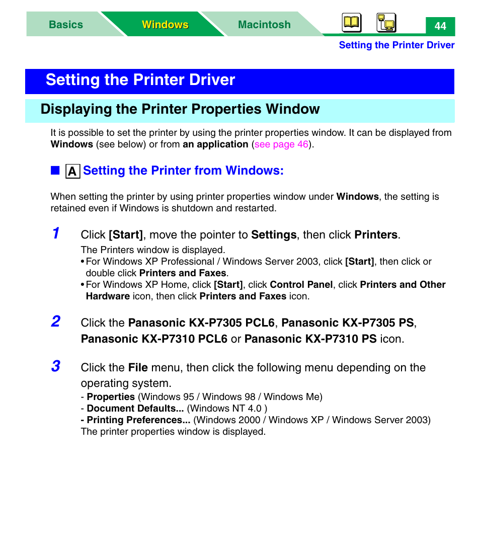 Setting the printer driver, Displaying the printer properties window | Panasonic KX-P7305 User Manual | Page 49 / 277