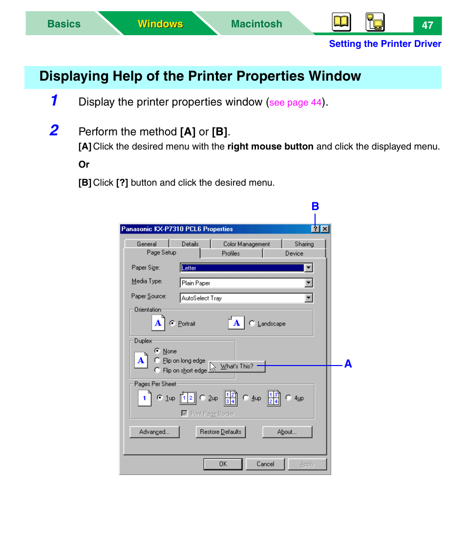 Displaying help of the printer properties window, See “displaying | Panasonic KX-P7305 User Manual | Page 52 / 277