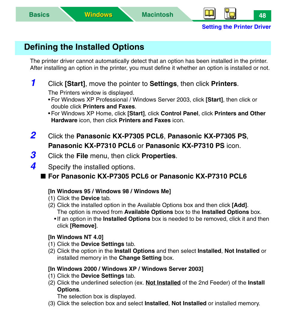 Defining the installed options | Panasonic KX-P7305 User Manual | Page 53 / 277