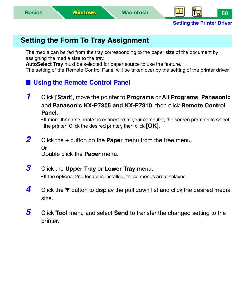 Setting the form to tray assignment | Panasonic KX-P7305 User Manual | Page 55 / 277