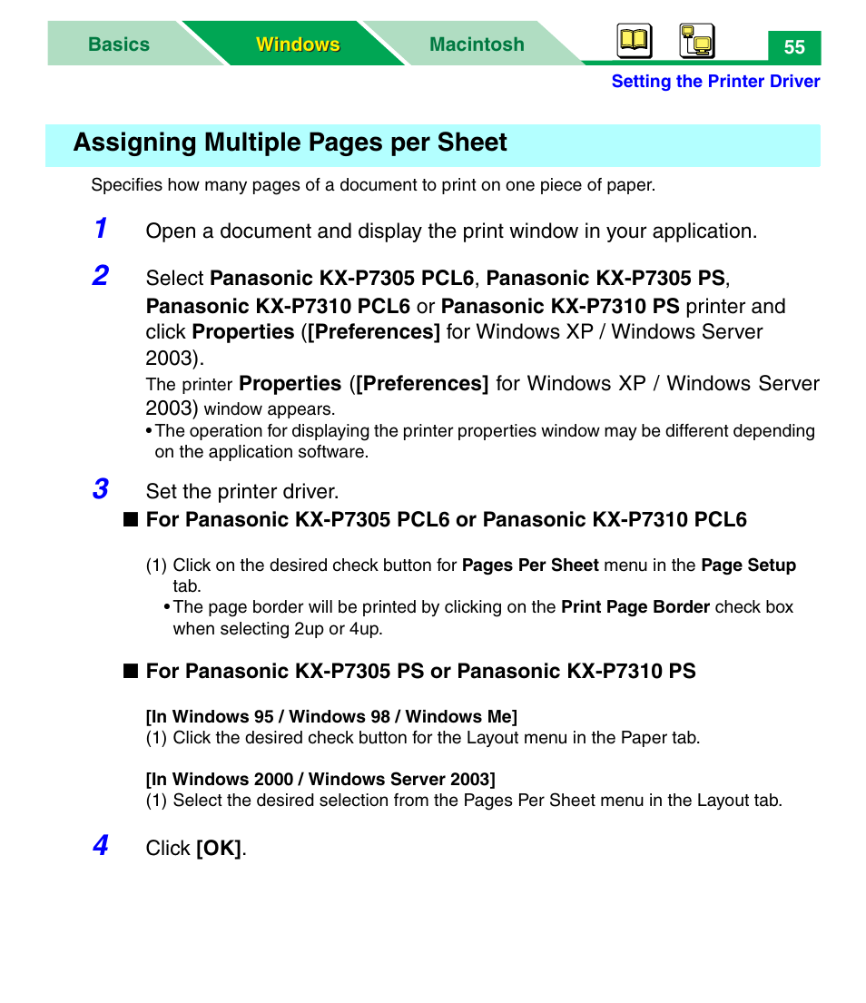 Assigning multiple pages per sheet | Panasonic KX-P7305 User Manual | Page 60 / 277