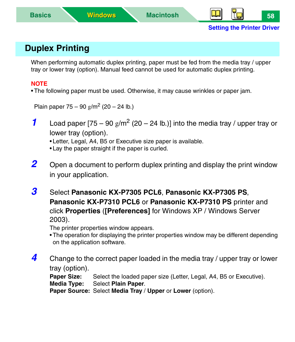 Duplex printing, Ation, See “duplex printing” on | Panasonic KX-P7305 User Manual | Page 63 / 277