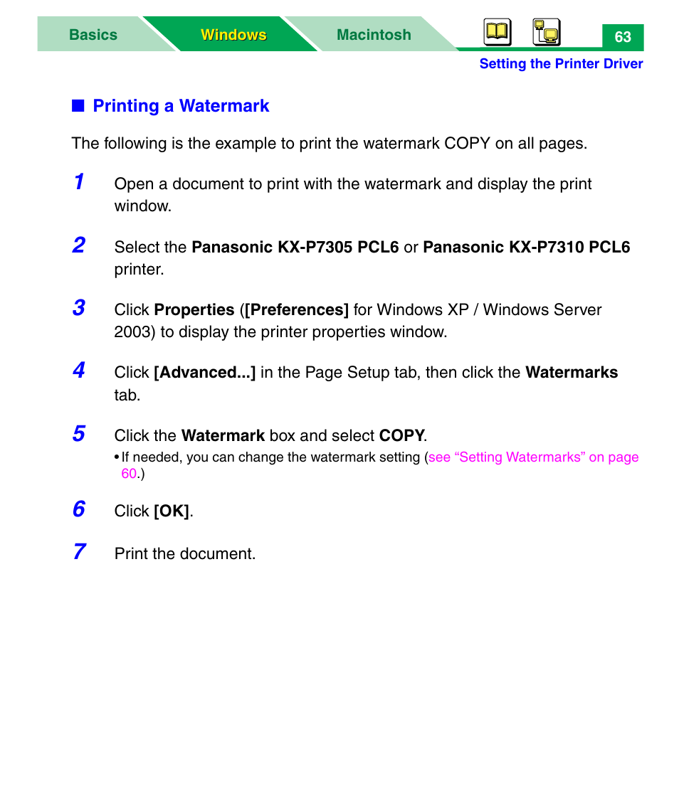 Inting, See “printing a watermark” on | Panasonic KX-P7305 User Manual | Page 68 / 277