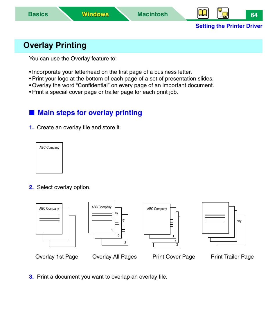 Overlay printing, Main steps for overlay printing, Macintosh basics windows windows 64 | Panasonic KX-P7305 User Manual | Page 69 / 277