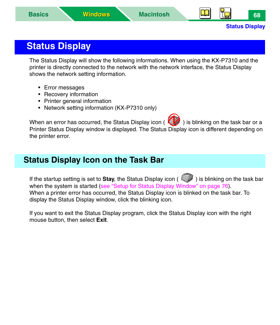 Status display, Status display icon on the task bar | Panasonic KX-P7305 User Manual | Page 73 / 277
