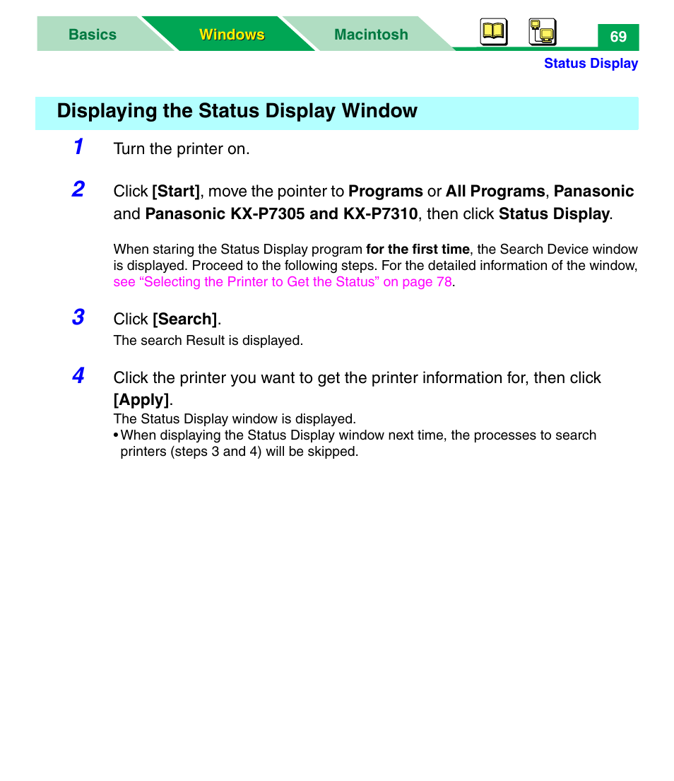 Displaying the status display window | Panasonic KX-P7305 User Manual | Page 74 / 277