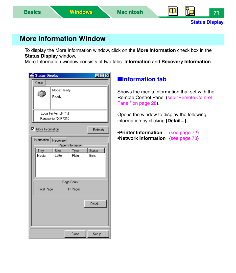More information window, Information tab | Panasonic KX-P7305 User Manual | Page 76 / 277