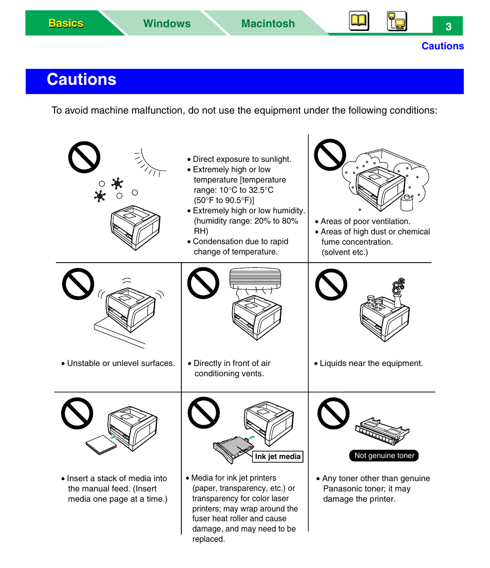 Cautions | Panasonic KX-P7305 User Manual | Page 8 / 277
