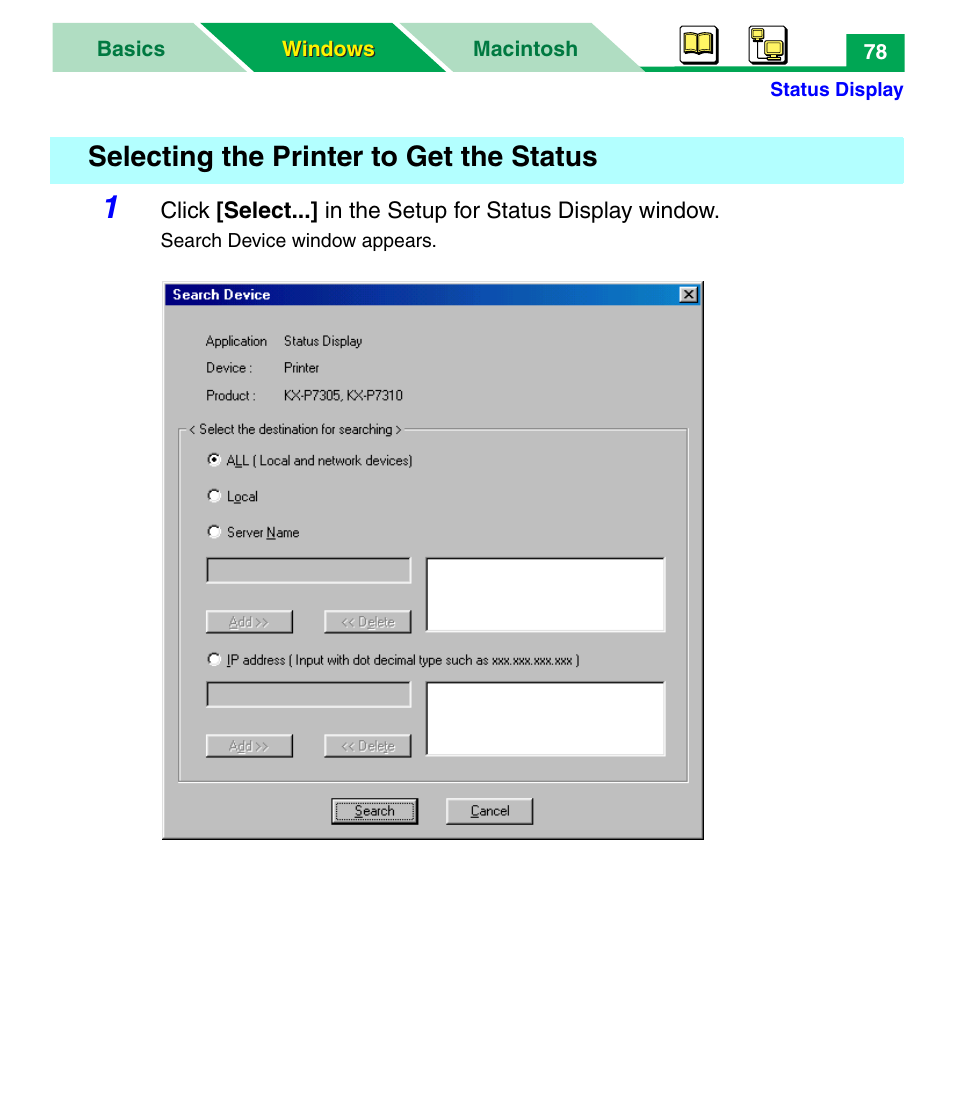 Selecting the printer to get the status, See “selecting the printer to get the | Panasonic KX-P7305 User Manual | Page 83 / 277