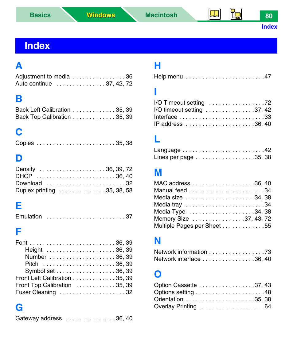 Index, A - o | Panasonic KX-P7305 User Manual | Page 85 / 277