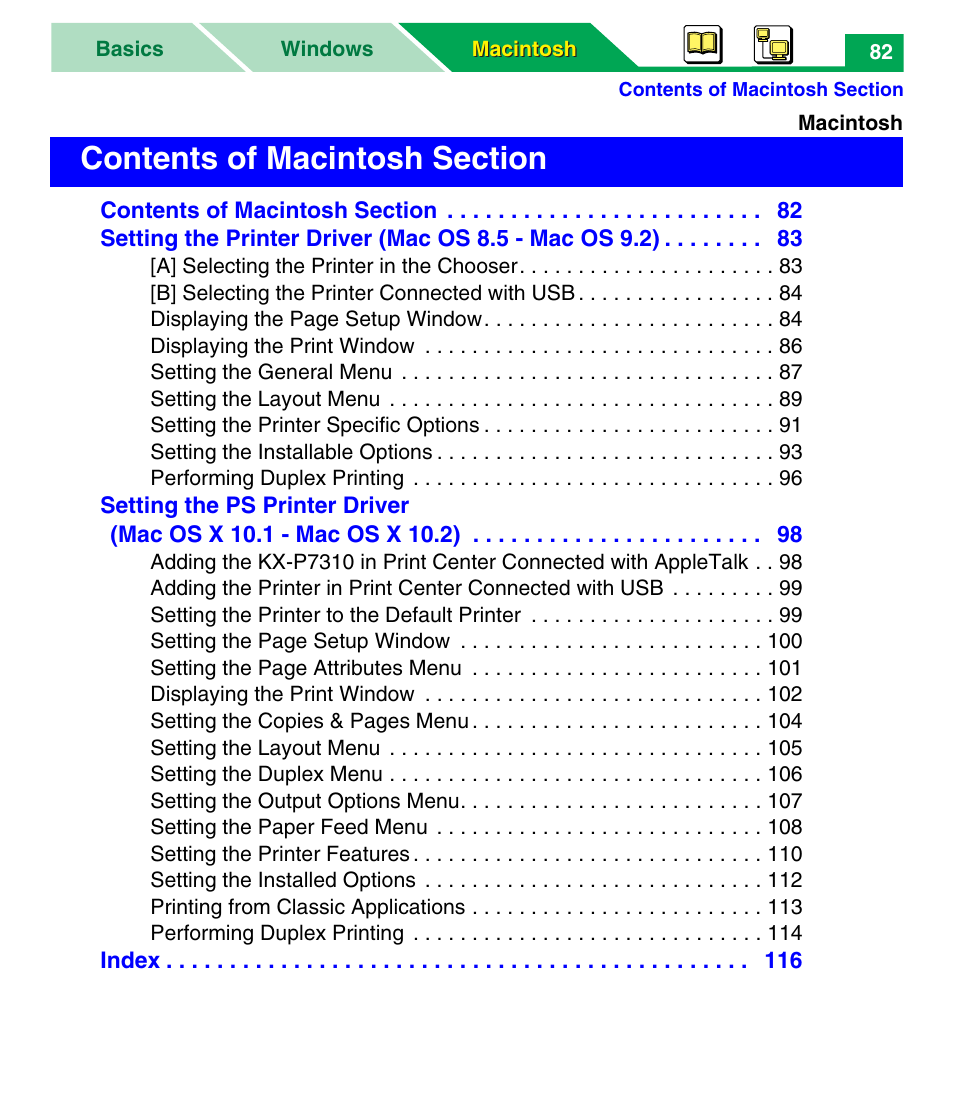 Macintosh, Contents of macintosh section | Panasonic KX-P7305 User Manual | Page 87 / 277