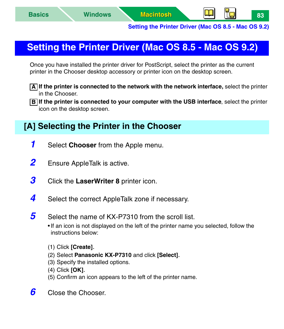 A] selecting the printer in the chooser | Panasonic KX-P7305 User Manual | Page 88 / 277