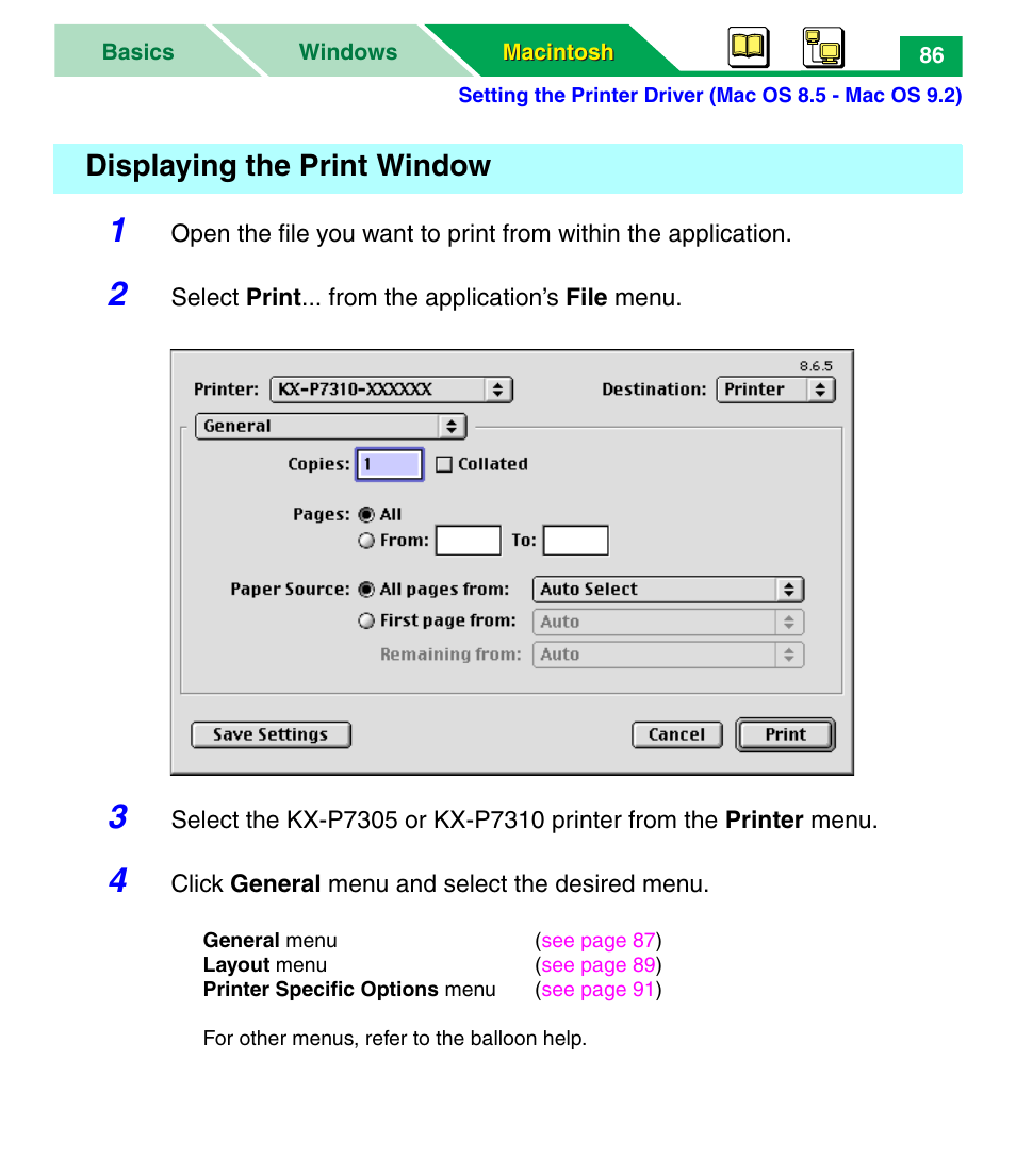 Displaying the print window | Panasonic KX-P7305 User Manual | Page 91 / 277