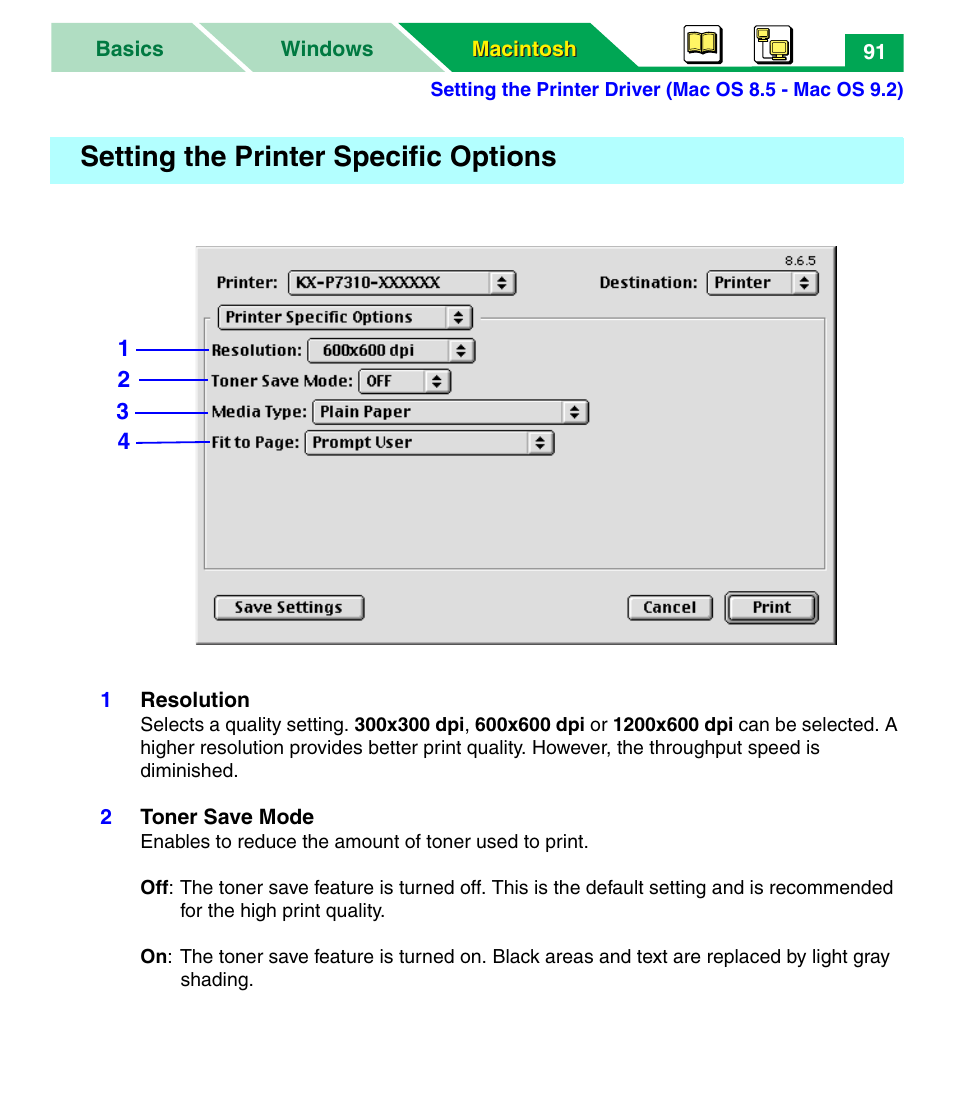 Setting the printer specific options, Setting the | Panasonic KX-P7305 User Manual | Page 96 / 277