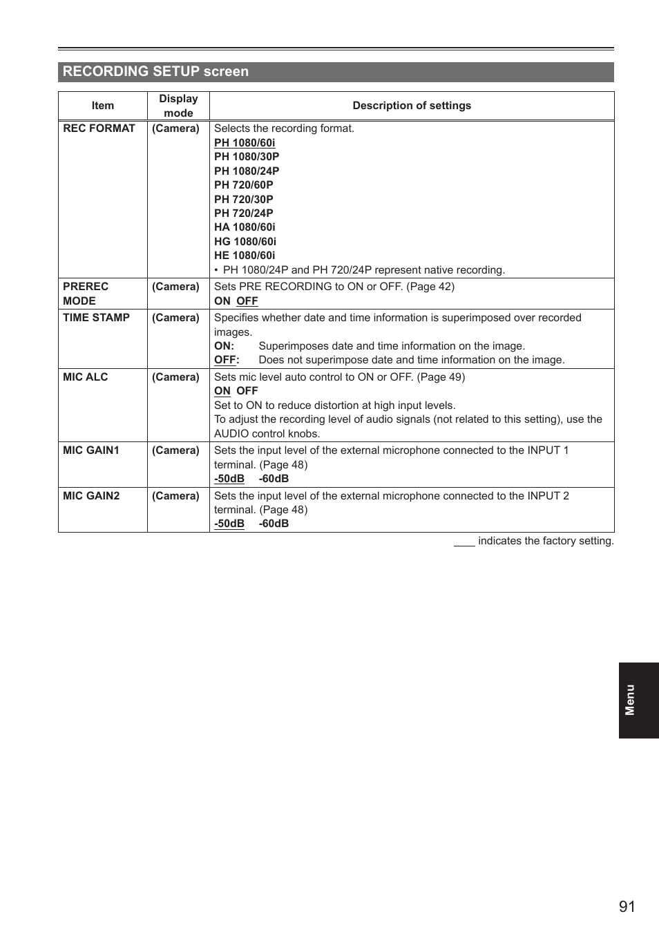Recording setup screen | Panasonic AG-HMC150 User Manual | Page 11 / 19
