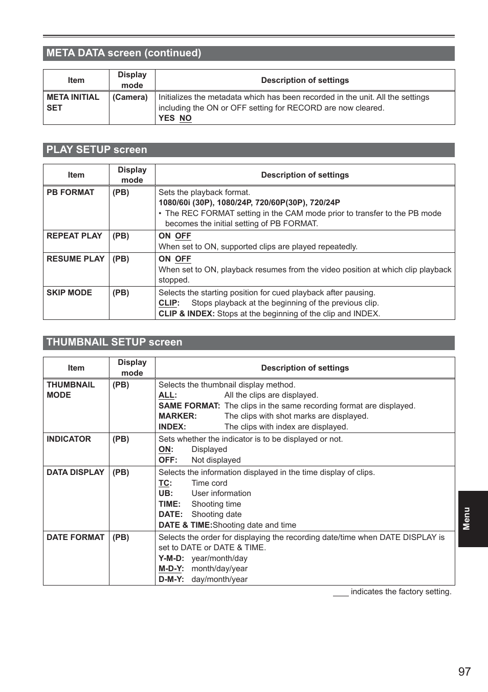 Play setup screen, Thumbnail setup screen, Meta data screen (continued) | Panasonic AG-HMC150 User Manual | Page 17 / 19