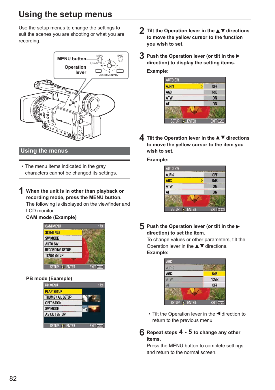 Using the setup menus, Using the menus | Panasonic AG-HMC150 User Manual | Page 2 / 19