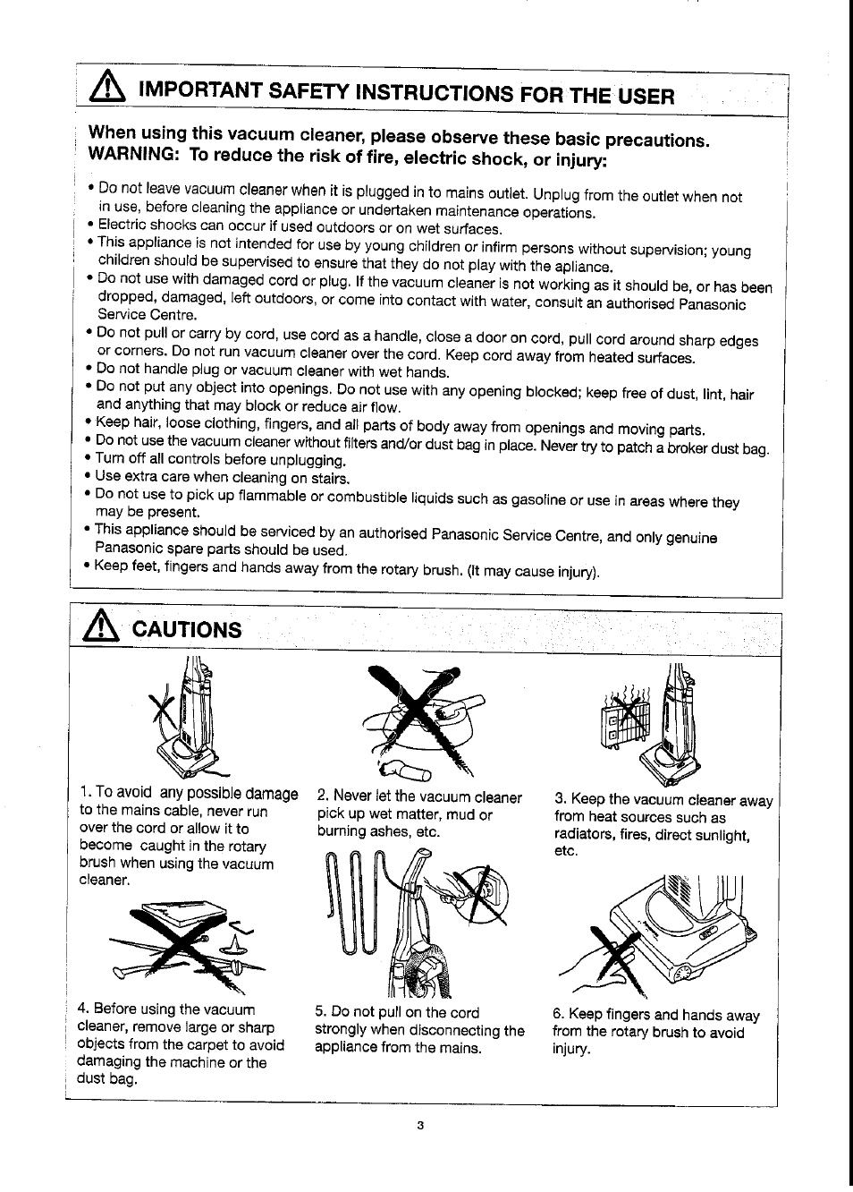 Important safety instructions for the user | Panasonic MC-E455 User Manual | Page 3 / 12