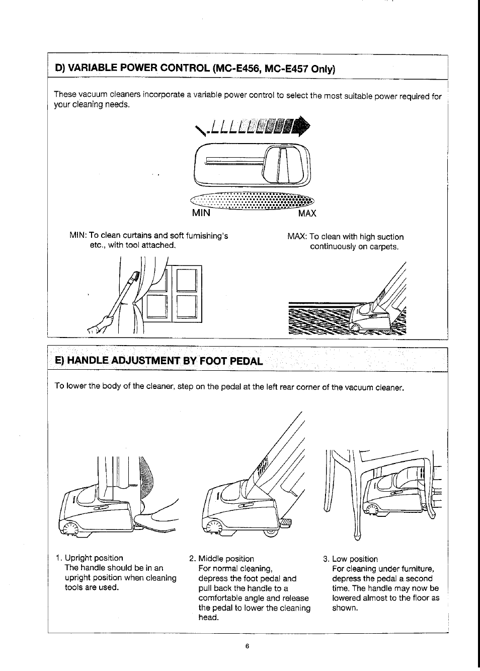 D) variable power control (mc-e456, mc-e457 only), E) handle adjustment by foot pedal | Panasonic MC-E455 User Manual | Page 6 / 12