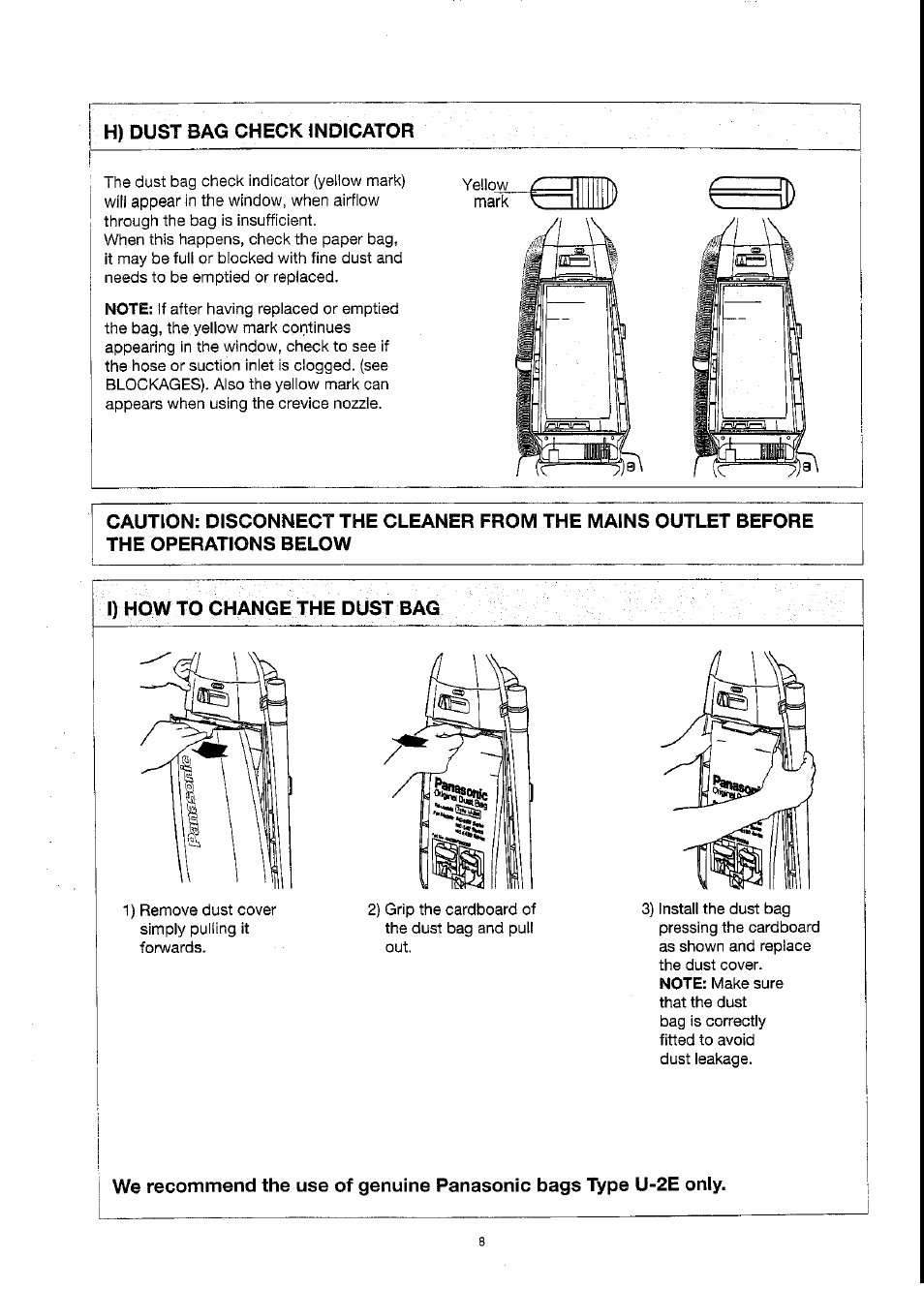 H) dust bag check indicator, I) how to change the dust bag | Panasonic MC-E455 User Manual | Page 8 / 12
