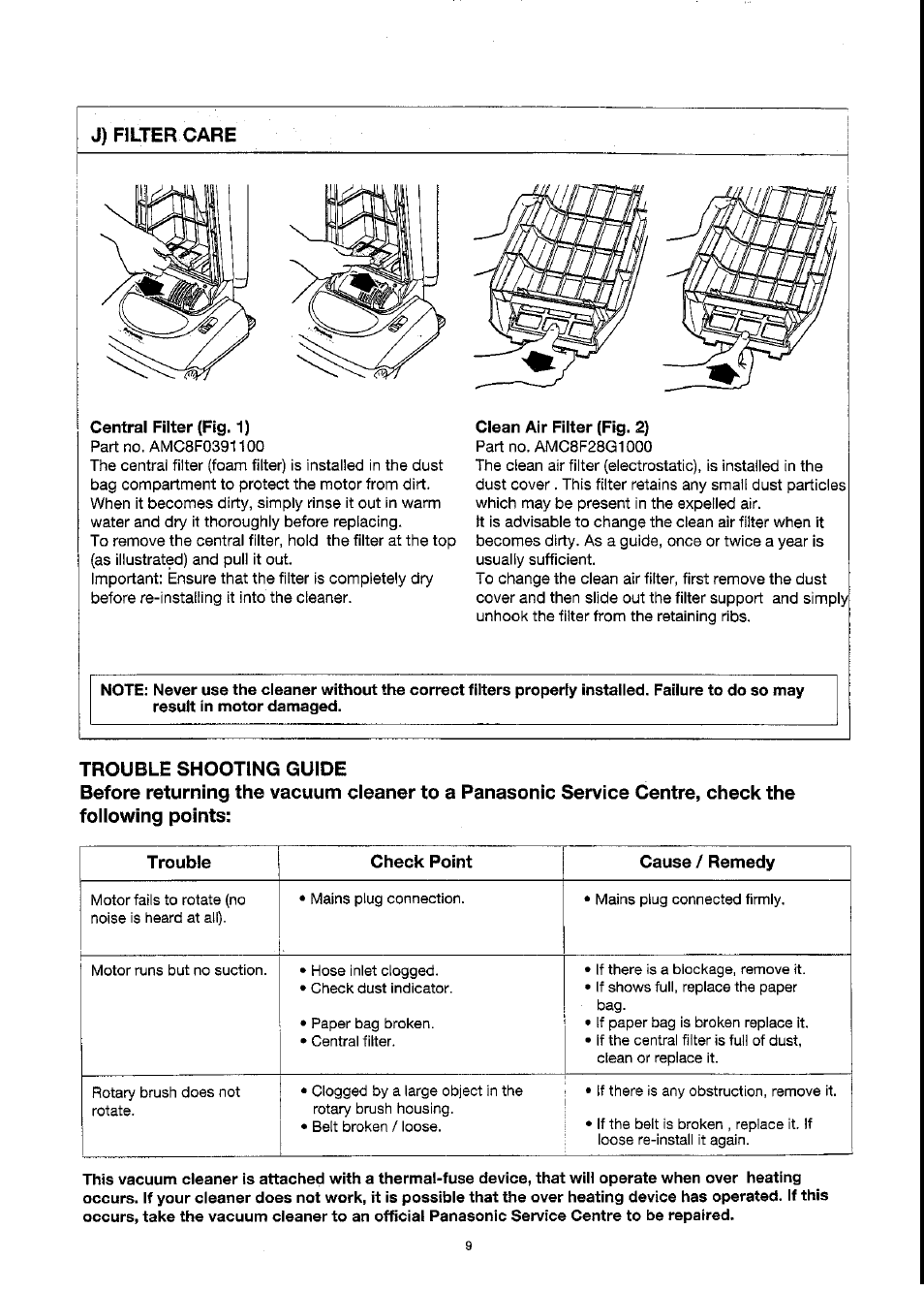 Trouble shooting guide, J) filter care | Panasonic MC-E455 User Manual | Page 9 / 12