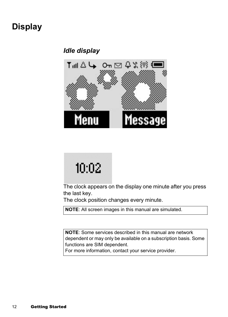 Display, Displays, Idle display | Panasonic EB-A100 User Manual | Page 15 / 93