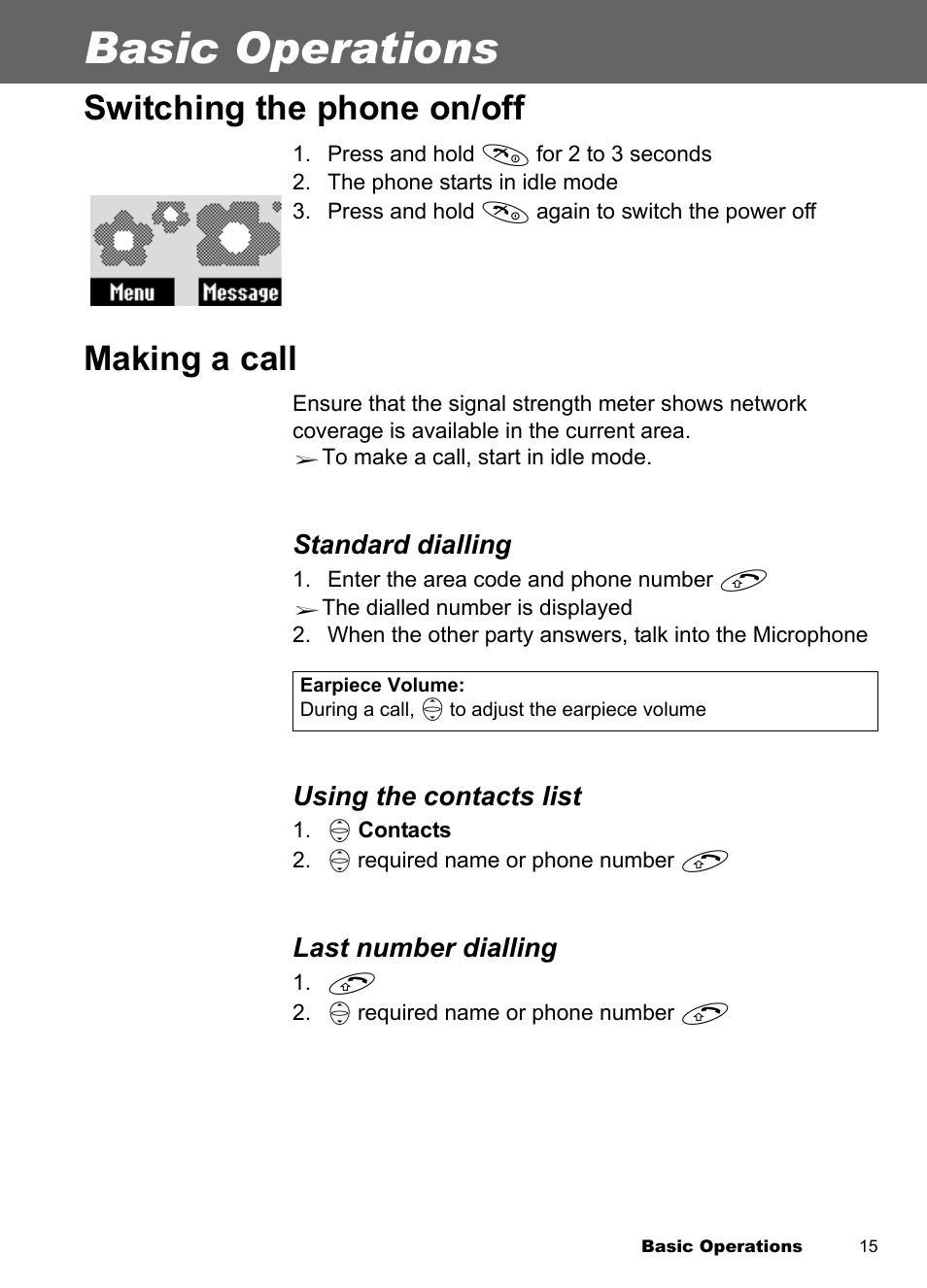 Basic operations, Switching the phone on/off, Making a call | Switching the phone on/off making a call | Panasonic EB-A100 User Manual | Page 18 / 93