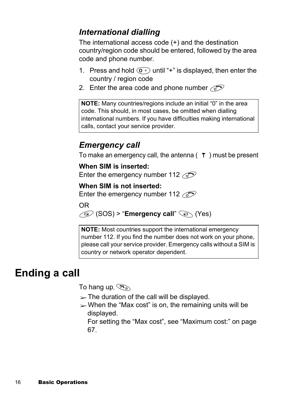 Ending a call, International dialling, Emergency call | Panasonic EB-A100 User Manual | Page 19 / 93