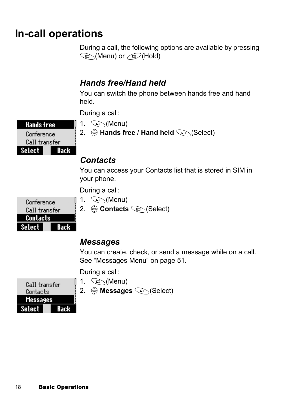 In-call operations, Hands free/hand held, Contacts | Messages | Panasonic EB-A100 User Manual | Page 21 / 93