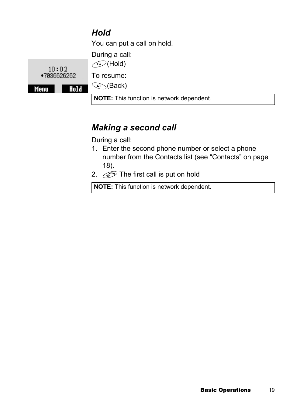 Hold, Making a second call | Panasonic EB-A100 User Manual | Page 22 / 93