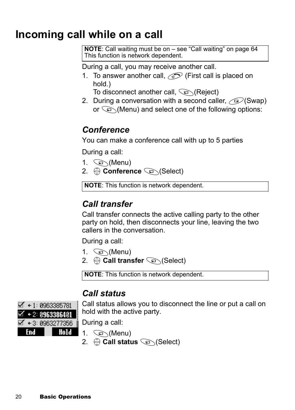 Incoming call while on a call, Conference, Call transfer | Call status | Panasonic EB-A100 User Manual | Page 23 / 93