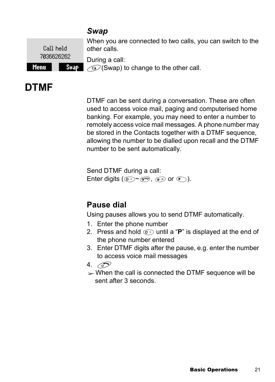 Dtmf, Swap, Pause dial | Panasonic EB-A100 User Manual | Page 24 / 93