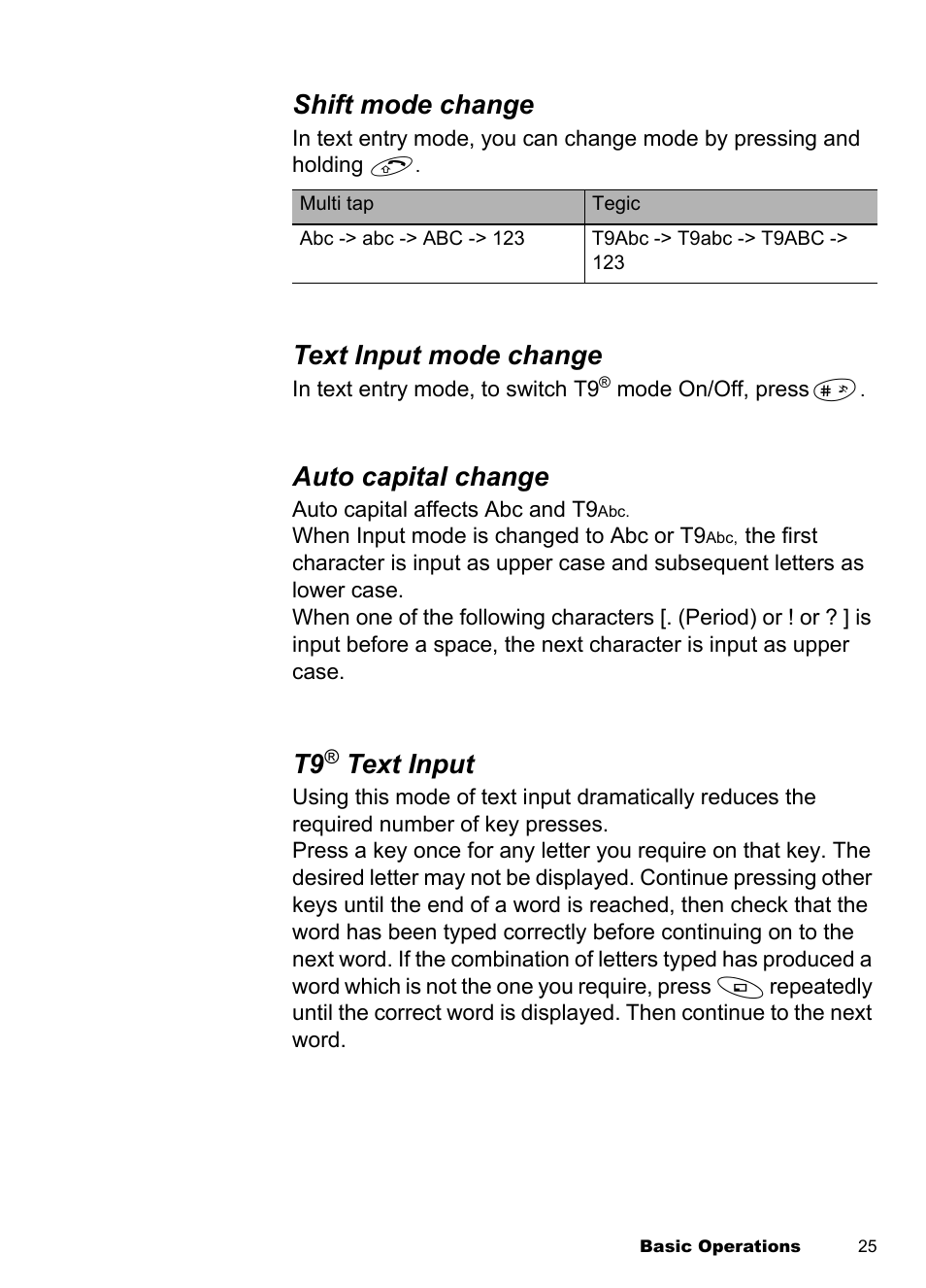 Shift mode change, Text input mode change, Auto capital change | Text input | Panasonic EB-A100 User Manual | Page 28 / 93
